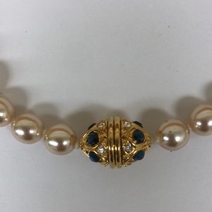 Nolan Miller Vintage Faux Pearl Necklace with blue and white rhinestone closure